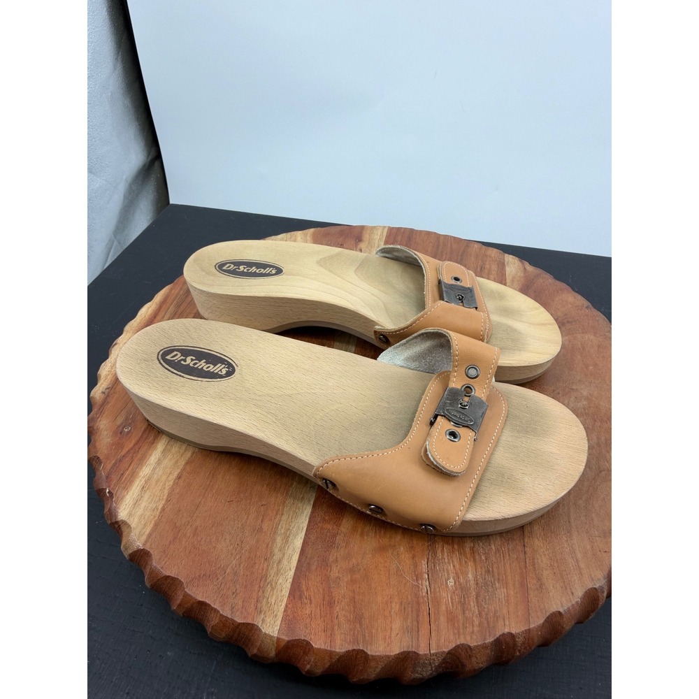 Dr. Scholls Original Wood Slide exercise Sandals Women 8 Tan Leather Buckle Clog